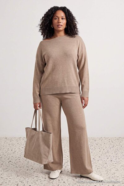 Trendyol Curve Mink Boat Neck Sweater-Pants Knitwear Bottom - Top Set Tbbaw27...
