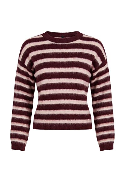 Trendyol Collection Burgundy Striped Oversize Crew Neck Soft Beret Knitwear S...