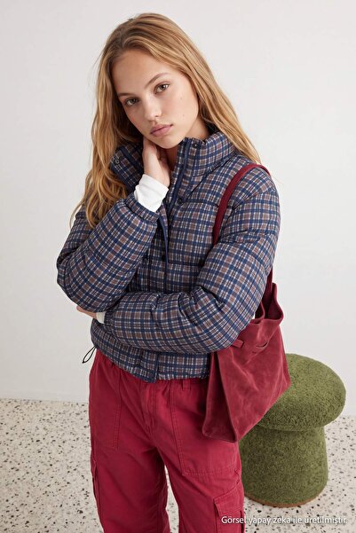 Trendyol Collection Navy Blue Plaid Patterned Oversize Inflatable Coat Twoaw2...