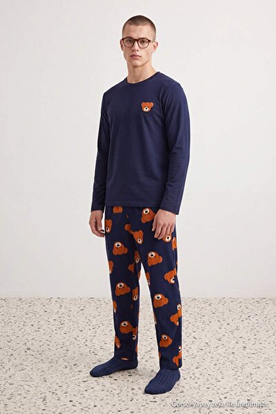 Trendyol Collection Navy Blue Regular Fit Teddy Bear Printed Knitted Pajama S...