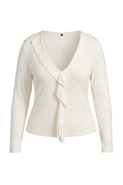 Trendyol Curve Ecru Ruffled Fitted Knitted Blouse Tbbaw27Af00022