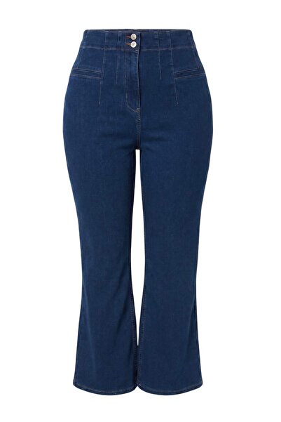 Trendyol Curve Blue High Waist Stitching Detailed Spanish Leg Plus Size Flare...