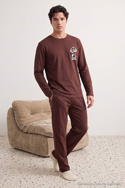Trendyol Collection Brown Regular Printed 100% Cotton Knitted Pajama Set Tmna...