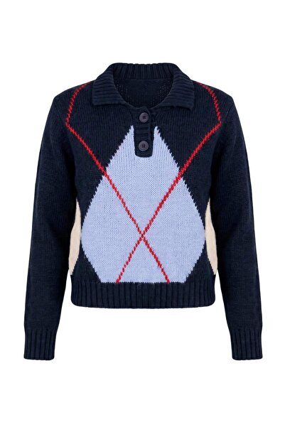 Trendyol Collection Navy Blue Soft Textured Diamond Detailed Knitwear Sweater...