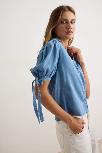 Trendyol Collection Light Blue Denim Shirt with Tie Detail Twoaw27Go00137