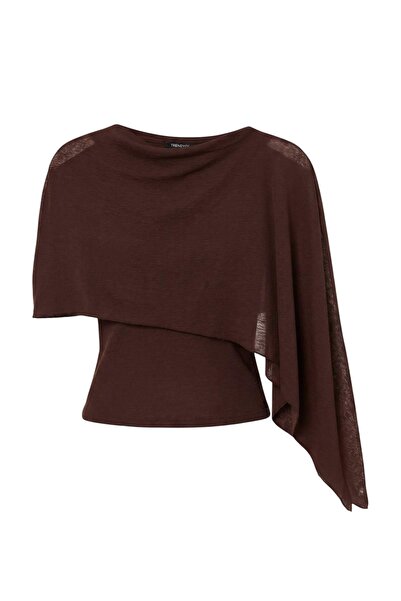 Trendyol Collection Brown Transparent Fitted/Bodycon Boat Neck Cape Detailed ...