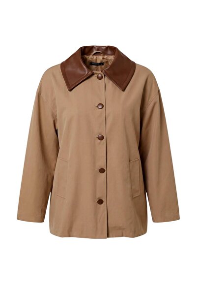 Trendyol Collection Wardrobe Essentials Beige Pu Collar Detailed Oversize Mid...
