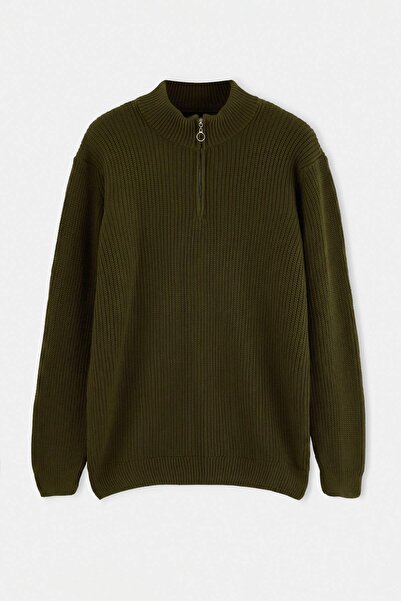Trendyol Collection Khaki Regular Half Turtleneck Plain Knitwear Large Size S...