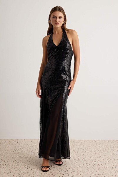 Trendyol Collection Black Halter Neck Fish Form Maxi Knitted Sequin Evening &...