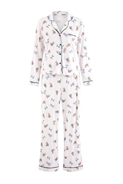 Trendyol Collection Set de pijamale tricotate cu model de câine, alb, 100% bu...