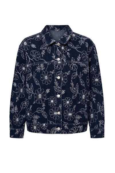 Trendyol Curve Dunkelblaue, mit Blumenmuster bedruckte Jeansjacke in Übergröß...