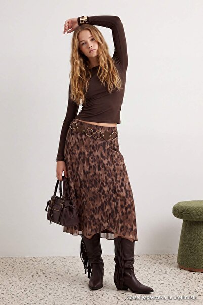 Trendyol Collection Fustă tricotată midi din tul, cu model leopard maro, croi...