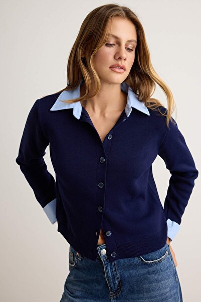 Trendyol Collection Navy Blue Sleeve Detailed Shirt Decorated Knitwear Sweate...
