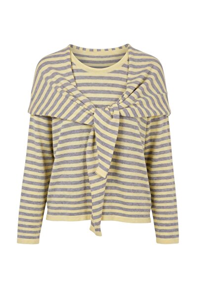 Trendyol Collection Yellow Striped Shawl Soft Textured Knitwear Sweater Twoaw...