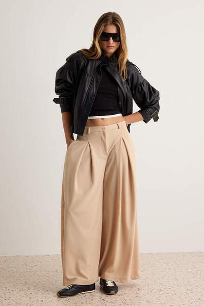 Trendyol Collection Stone Plain Wide Leg/Flared Leg Pleated Detailed Knitted ...