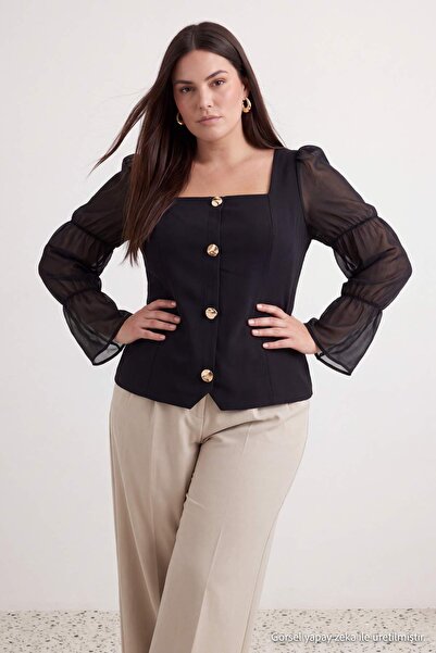 Trendyol Curve Black Woven Sleeves Tulle Buttoned Plus Size Blouse Tbbaw27Af0...