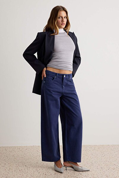 Trendyol Collection Dark Blue Draped High Waist Barrel Jeans Twoaw27Je00147
