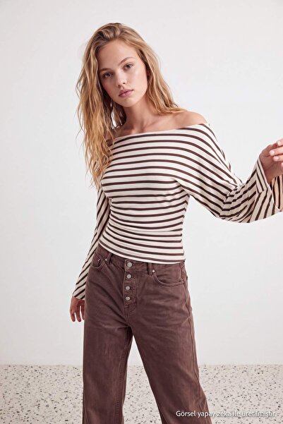 Trendyol Collection Multi-Colored Striped Fitted Bat Sleeve Waist-Fitted Visc...