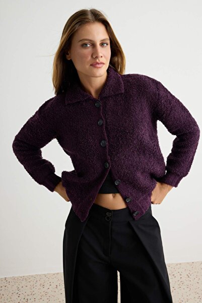Trendyol Collection Plum Thick Polo Collar Oversize Textured Knitwear Cardiga...