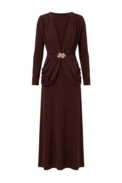 Trendyol Modest Brown Fitted/Bodycon Accessory Detailed Gathered Knitted Hija...