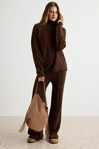 Trendyol Collection Brown Stitching Detailed Knitwear Bottom - Top Set Twoaw2...