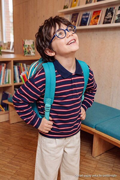 TRENDYOLKIDS Navy Blue Boys' Polo Collar Striped Knitted T-Shirt Tkdaw27Ts00001