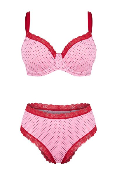 Trendyol Curve Rosa gepunktetes Micro-Strick-Unterwäscheset in Übergröße TBBA...