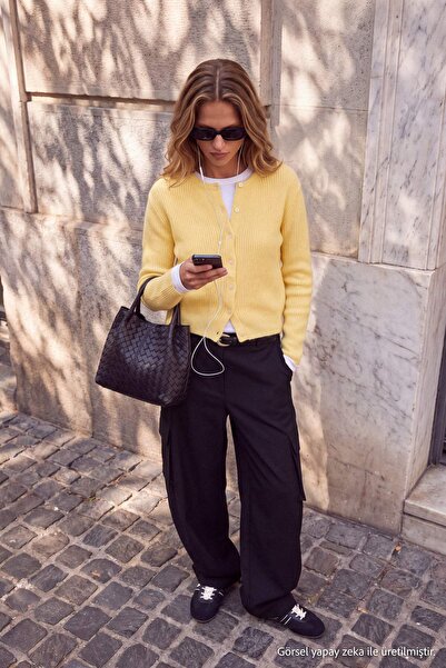 Trendyol Collection Wardrobe Essentials Yellow Soft Crew Neck Knitwear Cardig...