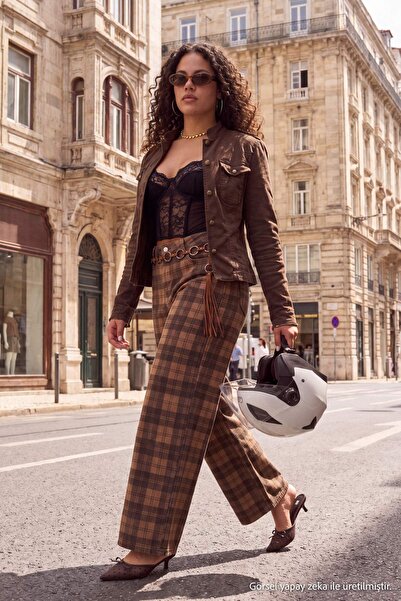 Trendyol Curve Çok Renkli Ekose Desenli Wide Leg/Geniş Paça %100 Pamuk Non-St...