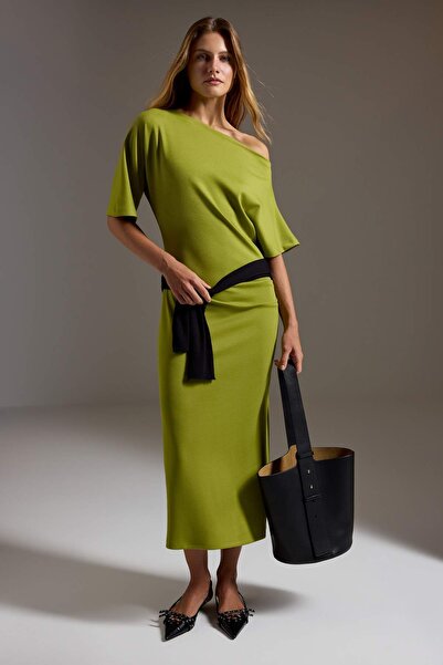 Trendyol Collection Oil Green A-Line Asymmetrical Collar Maxi Short Sleeve So...