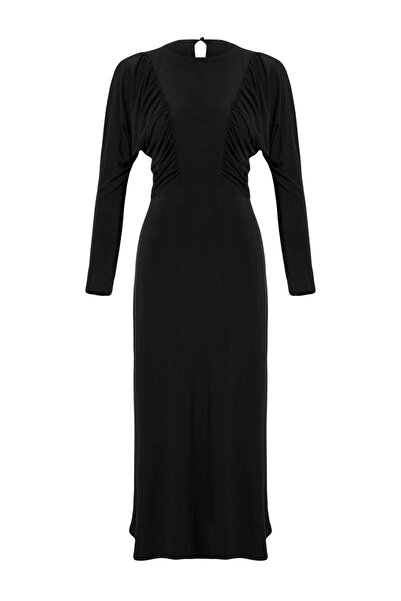 Trendyol Modest Black A-Line/A-Line Bell Form Keyhole Neckline Shirred Drape ...