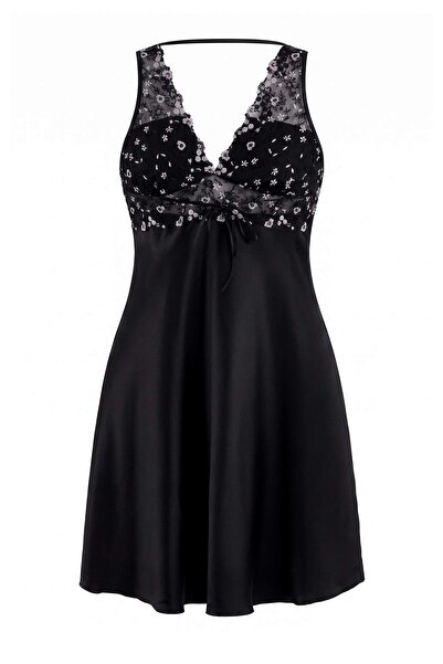 Trendyol Curve Black Degaje Collar Short Satin Plus Size Nightgown Tbbaw27Ch0...