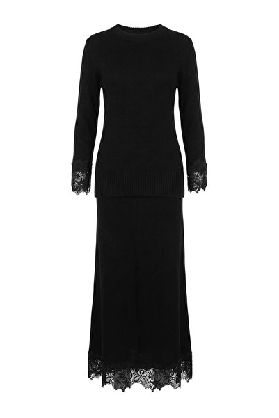 Trendyol Modest Black Oversize Plain Knitwear Hijab Bottom - Top Set Tctaw27U...