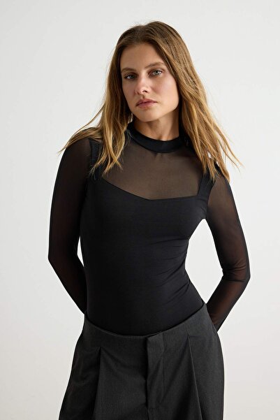 Trendyol Collection Black Slim Tulle Detail Long Sleeve Mock Neck Snapped at ...