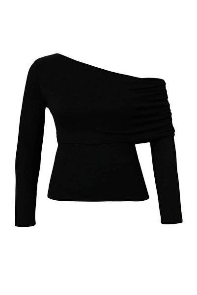 Trendyol Curve Black Asymmetric Collar Fitted/Fitted Stretch Knitted Blouse T...