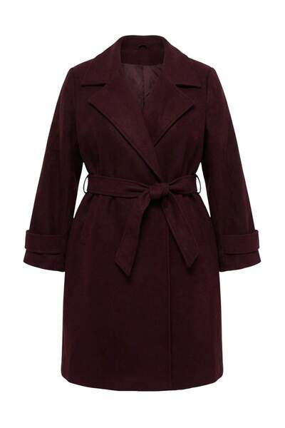 Trendyol Curve Mürdüm Regular Fit Wide Collar Detailed Long Wool Blend Cashme...