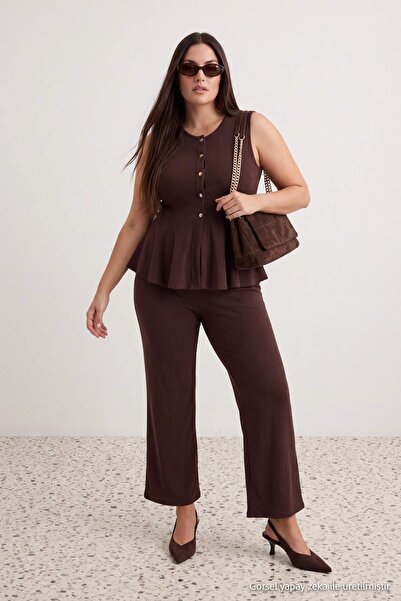 Trendyol Curve Brown Thessaloniki Buttoned Waist Open Wide Leg/Palazzo Bottom...