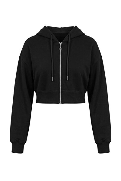 Trendyol Collection Black Zippered Hooded Low Sleeve Drawstring Super Crop Th...