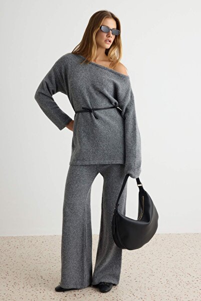 Trendyol Collection Anthracite Soft Textured Belted Special Quality Knitwear ...