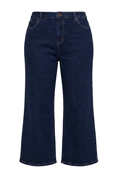 Trendyol Curve Dark Blue High Waist Medium Stretch Wide Leg Wide Leg Jeans Tb...