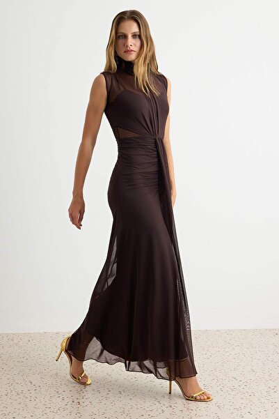 Trendyol Collection Brown High Neck A-Line/ Bell Form Maxi Evening & Graduati...