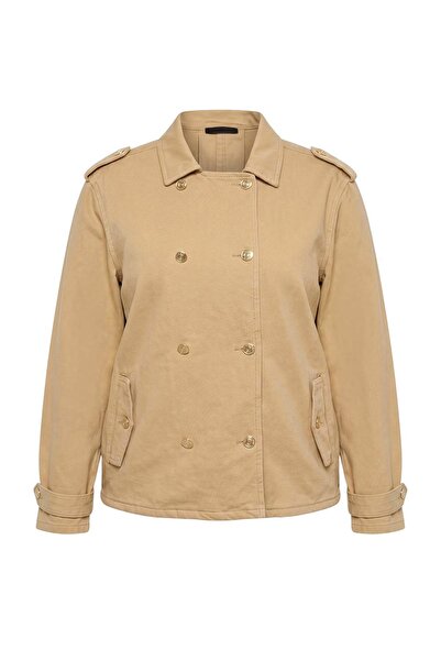 Trendyol Curve Beige Plus Size Denim Jacket Tbbaw26Ag00004