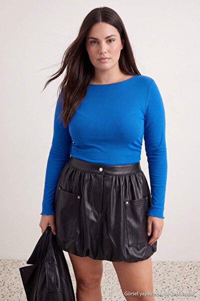 Trendyol Curve Cobalt blue Straight Fitted/Fitted Bodycon Gathered Detailed S...
