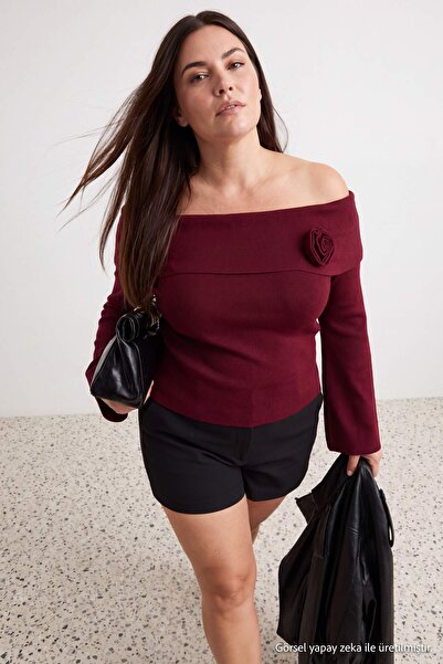 Trendyol Curve Burgundy Carmen Collar Flower Detailed Knitwear Sweater Tbbaw2...