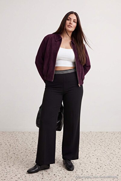 Trendyol Curve Black Stone Belt Detailed High Waist Wide Leg Plus Size Trouse...