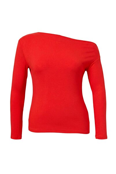 Trendyol Curve More Sustainable Red Viscose Ribbed Knitted Plus Size Blouse T...