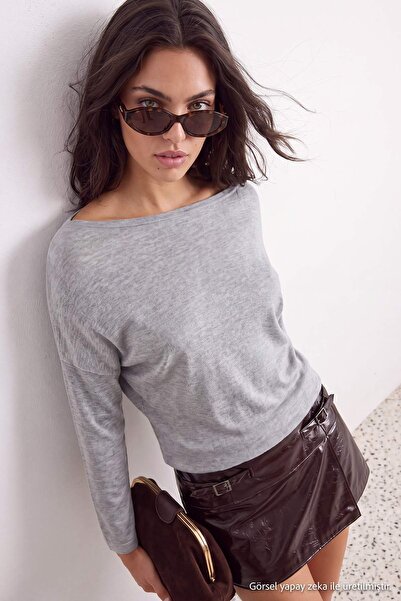 Trendyol Collection Gray Premium Yarn/Special Yarn Boat Neck Fitted Knitwear ...