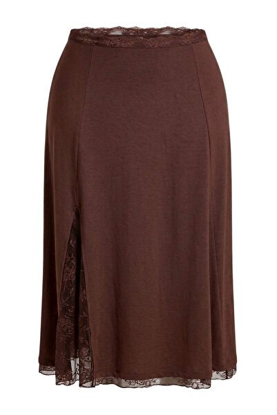 Trendyol Curve Brown Lace Slit Detailed Midi Knitted Plus Size Skirt Tbbaw26A...