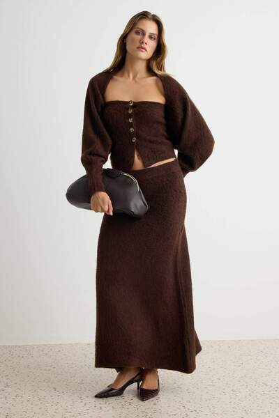 Trendyol Collection Brown Soft Textured Bolero Skirt Blouse Knitwear Bottom -...