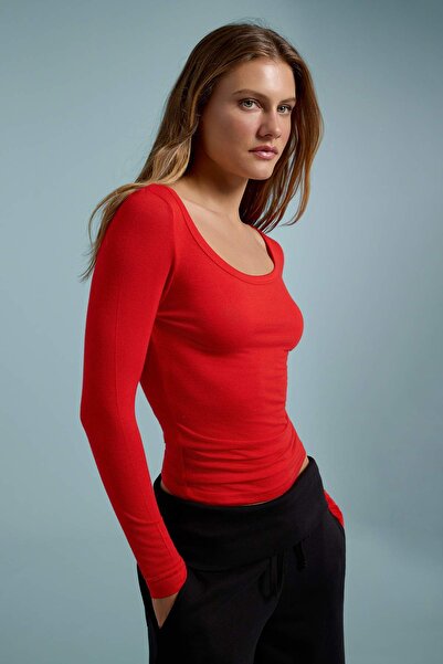 Trendyol Collection Red Cashmere Blended Ultra Light Transparent Bodycon Cowl...
